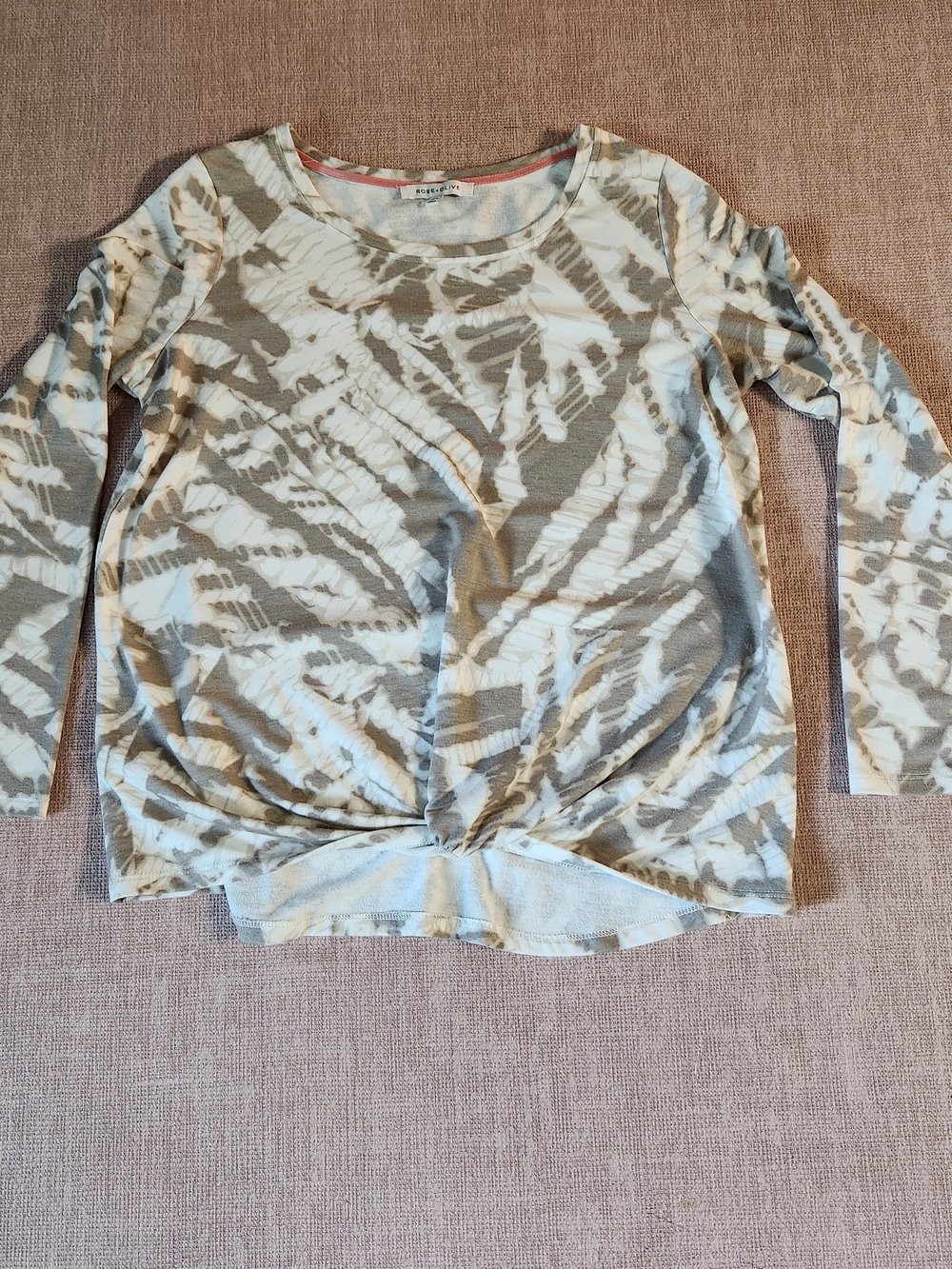 Rose & Olive Taupe and White Twist-Hem Long Sleeve Top